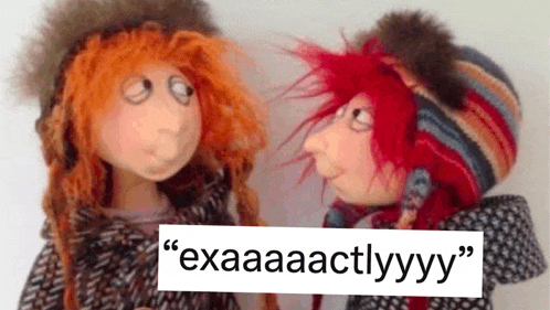 two stuffed dolls are standing next to each other with a sign that says " exaaaactlyyy "