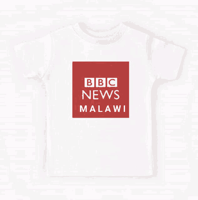 a white t-shirt with a red square with the bbc news malawi logo on it .