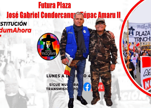 two men are posing for a picture with the words futura plaza jose gabriel condorcangu tupac amaru ii