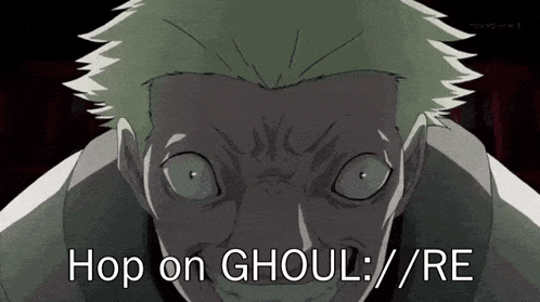 a close up of a person 's face with the words hop on ghoul