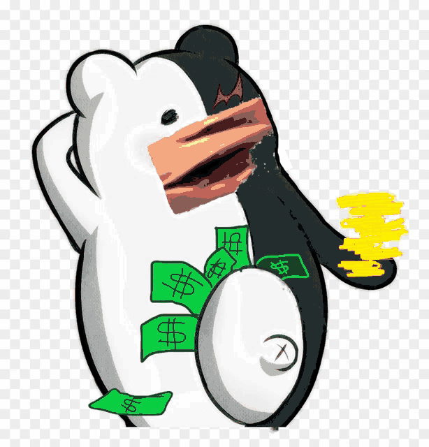 a drawing of a black and white teddy bear with a dollar sign on its chest