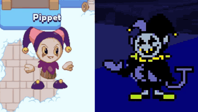 a pixel art of a jester next to a picture of a jester in a video game