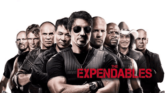 a group of men standing next to each other with the word expendables on the bottom