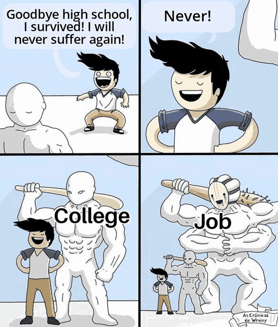 a cartoon of a man saying goodbye high school i survived i will never suffer again college and job