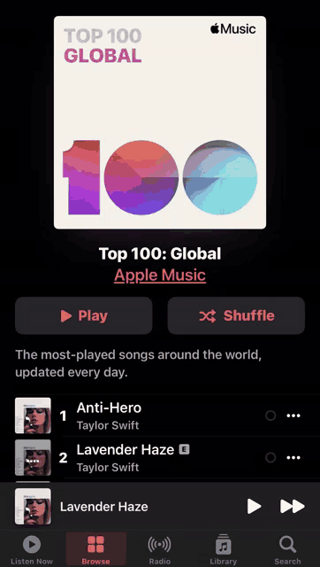 an apple music app shows the top 100 global songs