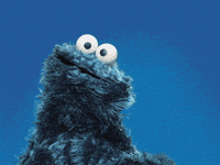 a cookie monster from sesame street is smiling and looking at the camera