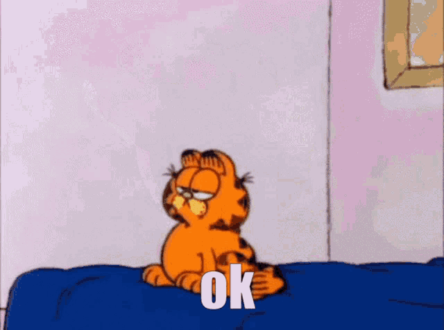 a cartoon of garfield sitting on a bed with the word ok below him