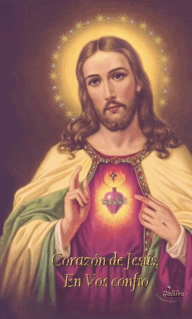 a painting of jesus with the words " corazon de jesus en vos confio " above him