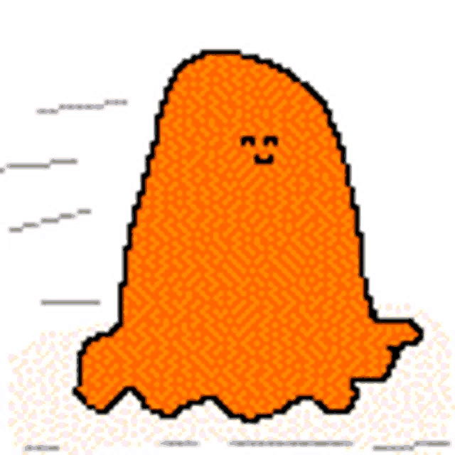 a pixel art drawing of an orange ghost with a smiley face