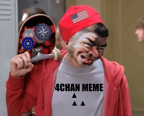 a man wearing a red hat holds a skateboard and a shirt that says 4chan meme