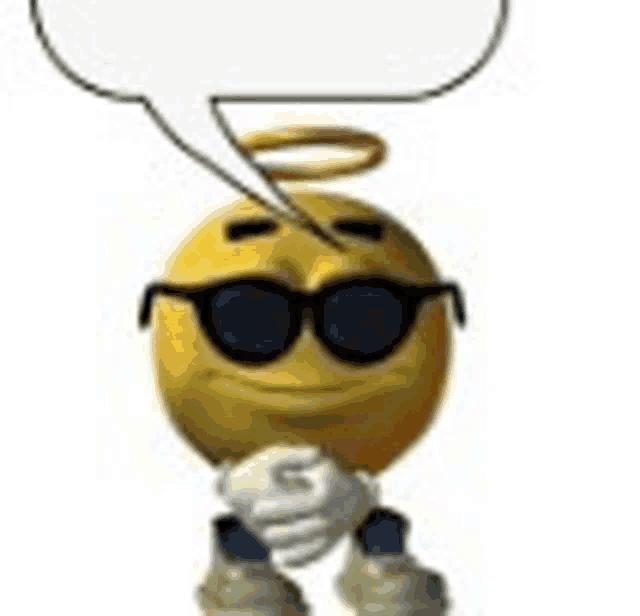 a yellow smiley face with sunglasses and a speech bubble coming out of his mouth .