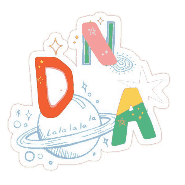 a sticker with the letters dn and a surrounded by planets and stars