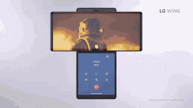 an lg wing phone displaying a call with alice