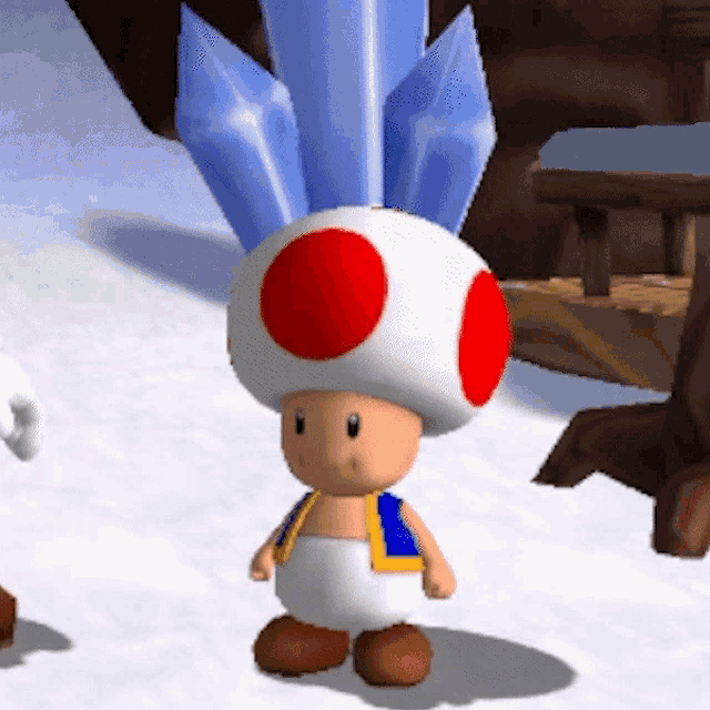 a video game character with a red and white mushroom and a blue crystal on his head