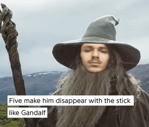 a man with a beard and a wizard hat is holding a cane and says five make him disappear with the stick