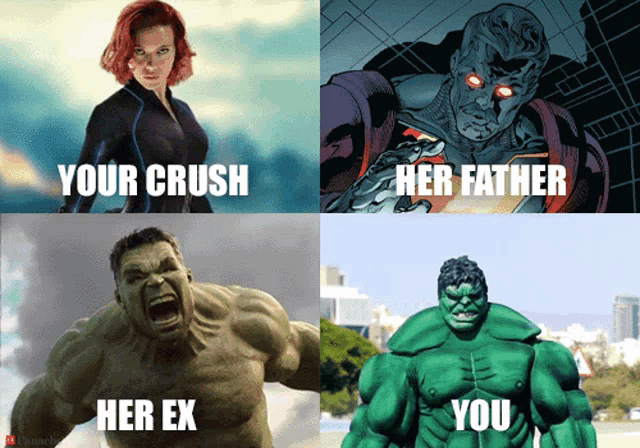 a collage of four pictures with the words your crush her father her ex you