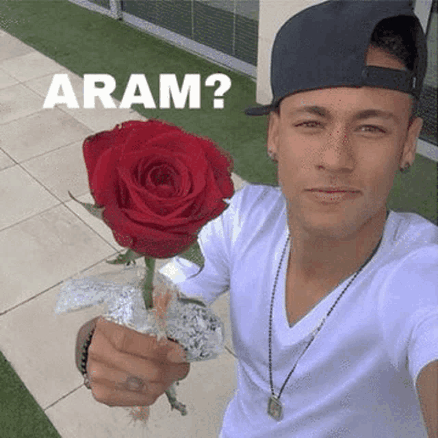 a man in a baseball cap is holding a red rose and the word aram is above him .