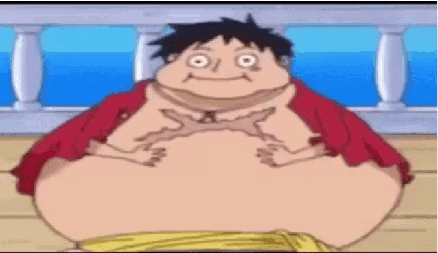 a cartoon character with a very large belly is sitting on a wooden floor .