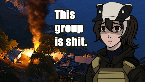 a girl with a badger hat stands in front of a burning building with the words " this group is shit "