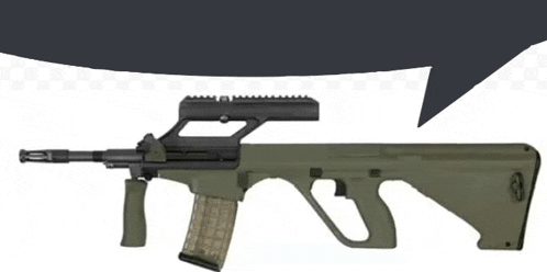 a green assault rifle is sitting on a white surface with a speech bubble behind it .