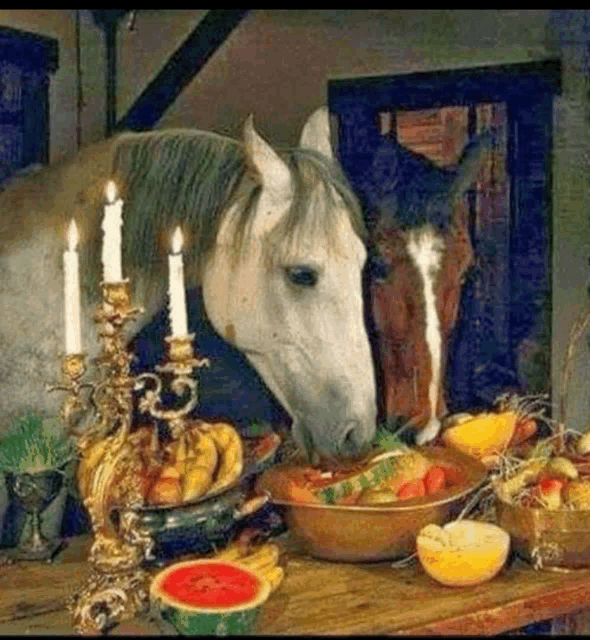 a horse is standing next to a bowl of fruit and candles .