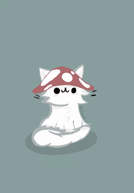 a drawing of a white cat with a red mushroom hat