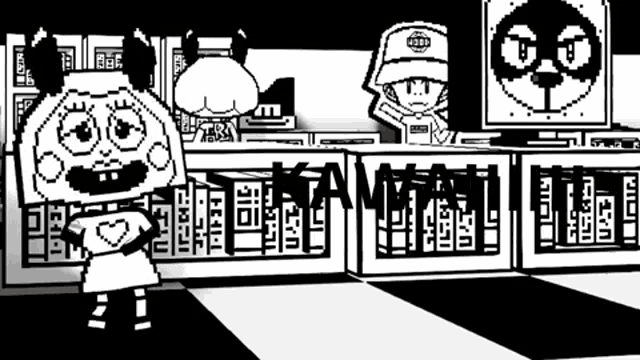 a black and white cartoon of a spongebob character standing in front of a counter in a restaurant .