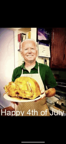 a man in an apron is holding a plate of food with the words happy 4th of july written below him