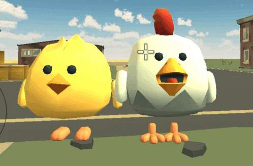 a yellow chicken and a white chicken are standing next to each other on a street