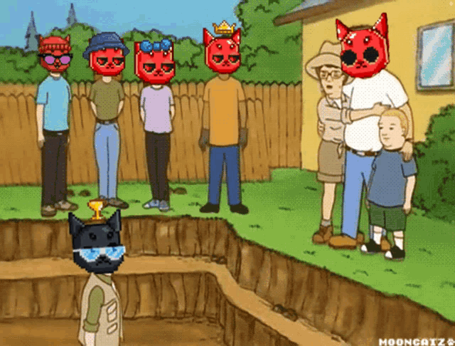 a cartoon of a group of people standing around a hole