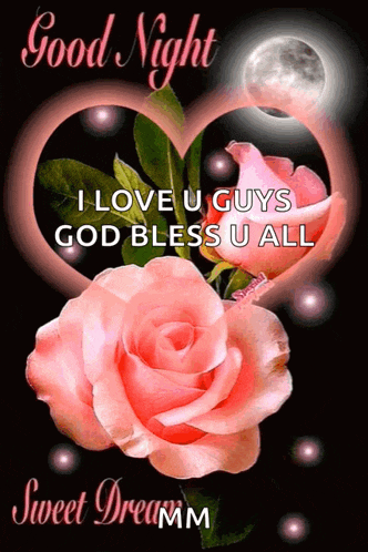 a good night message with pink roses and a heart with the words i love u guys god bless u all sweet dreamm