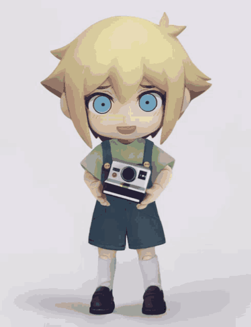 a cartoon character with blonde hair and blue eyes holding a camera