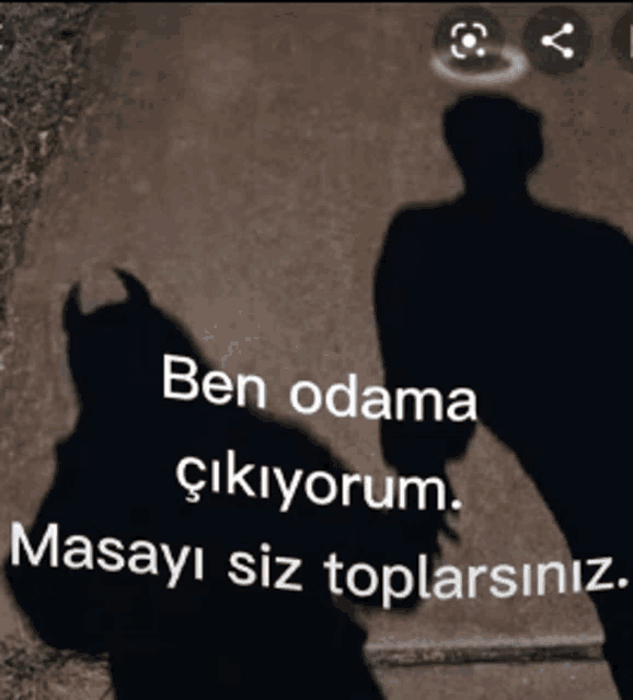 a shadow of a man with horns and the words ben odama cikiyorum masayi siz toplansiniz