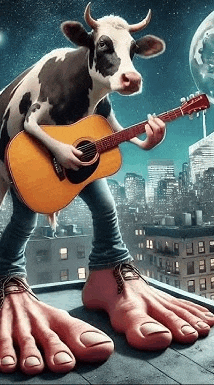a cow with giant feet is playing a guitar on a roof .