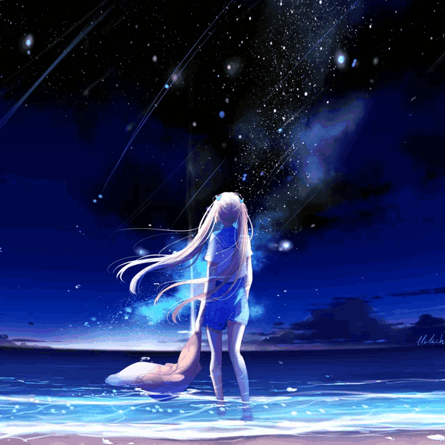 a girl in a blue dress is standing on a beach looking at the stars