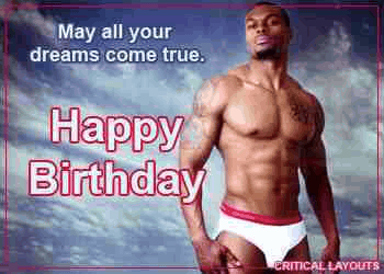 a shirtless man in white underwear is standing on a birthday card .