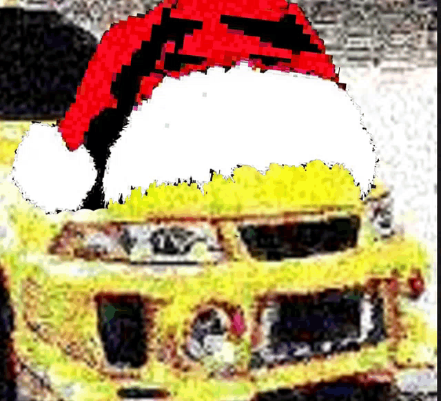 a yellow car with a red santa hat on it