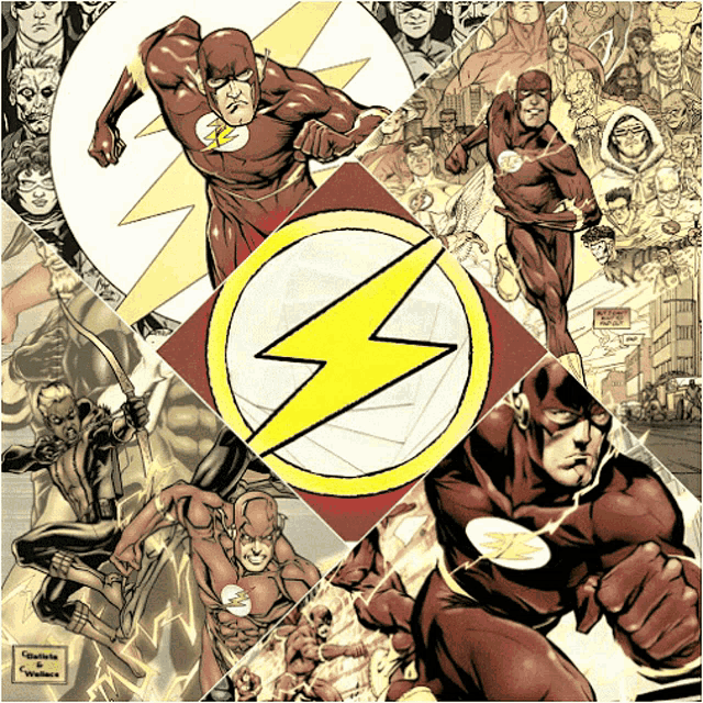 a collage of pictures of the flash with a yellow lightning bolt in the center