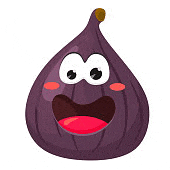 a cartoon illustration of a purple fig with a smiley face .