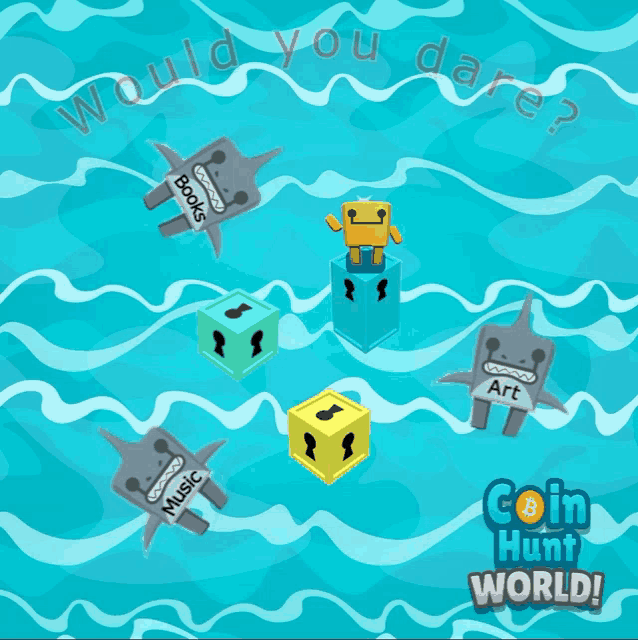 a coin hunt world poster with sharks and blocks