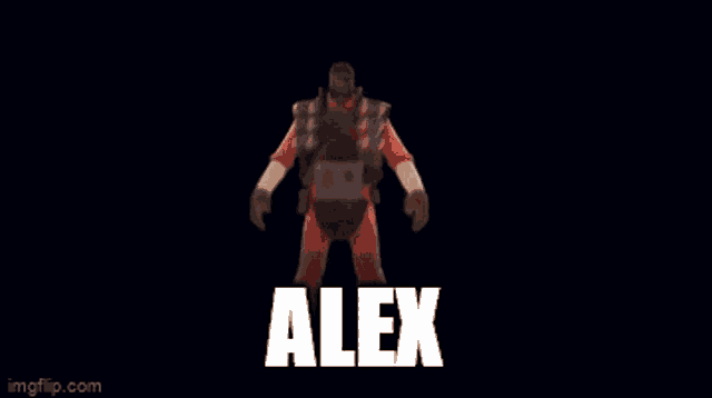 a cartoon character with the name alex written in white