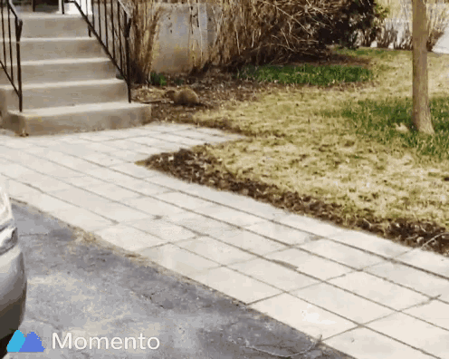 a car is parked on a sidewalk next to a staircase and the word momento is on the bottom left