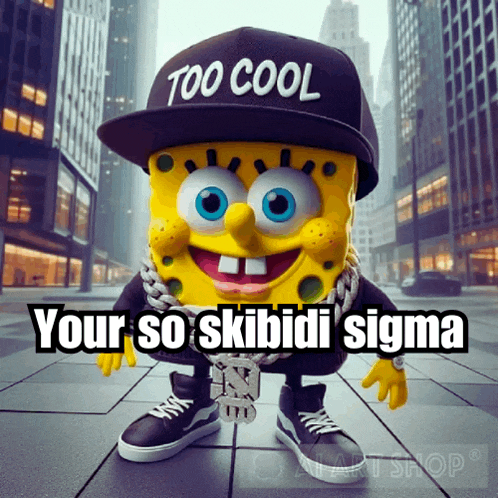 a cartoon spongebob wearing a hat that says too cool