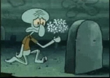 squidward from spongebob squarepants is kneeling in front of a grave holding flowers .