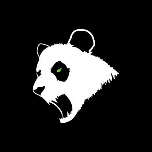 a silhouette of a panda bear with its mouth open and green eyes