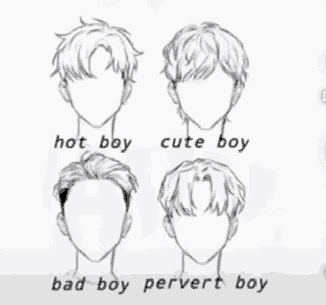 a drawing of a boy with different hairstyles and the words hot boy cute boy and bad boy pervert boy