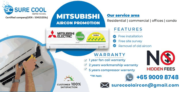 a mitsubishi aircon promotion advertisement shows a man working on it