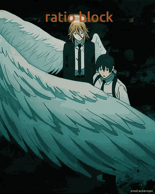 two anime characters are standing next to each other with the words ratio-block written above them
