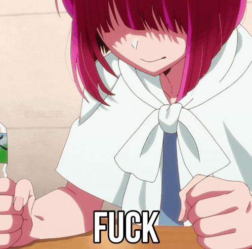 a girl with red hair is sitting at a table with the word fuck written on the bottom