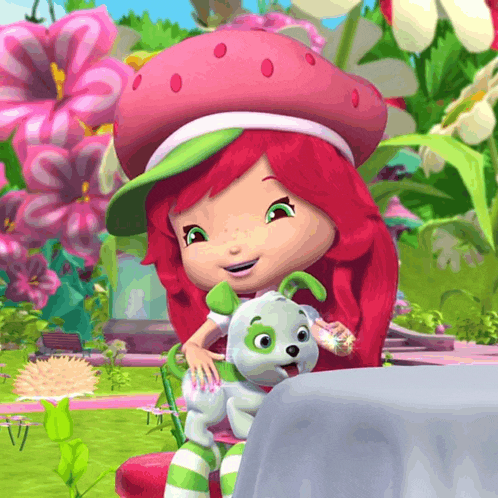 a strawberry shortcake cartoon character holding a small white dog